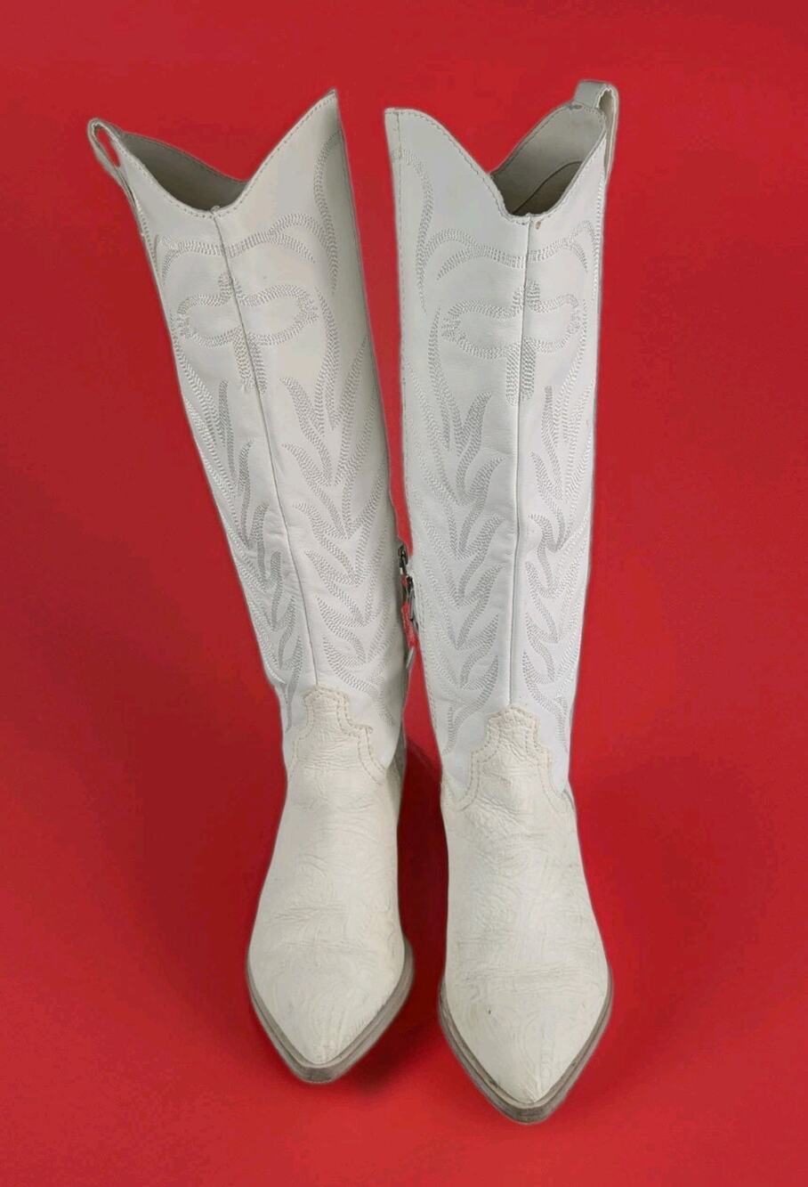 DOLCE VITA Solei White Embossed Leather Western Boots Size 6.5 Tall Cowgirl